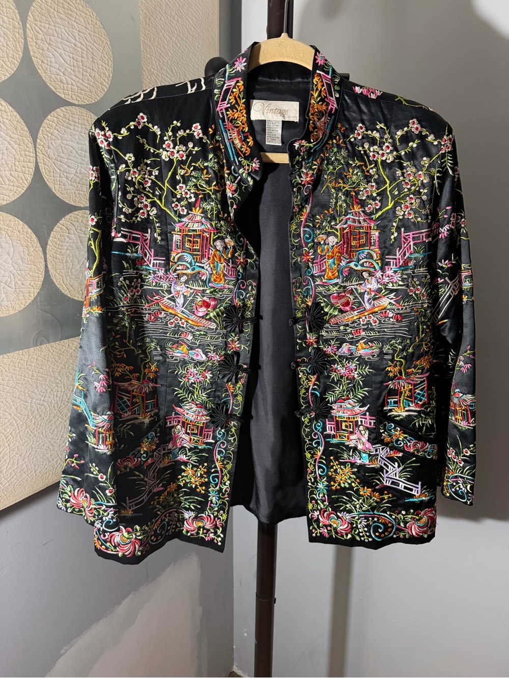 Vintage Chico Silk Embroidered Jacket Chinoserie Maximalist Boho Mandarin 2